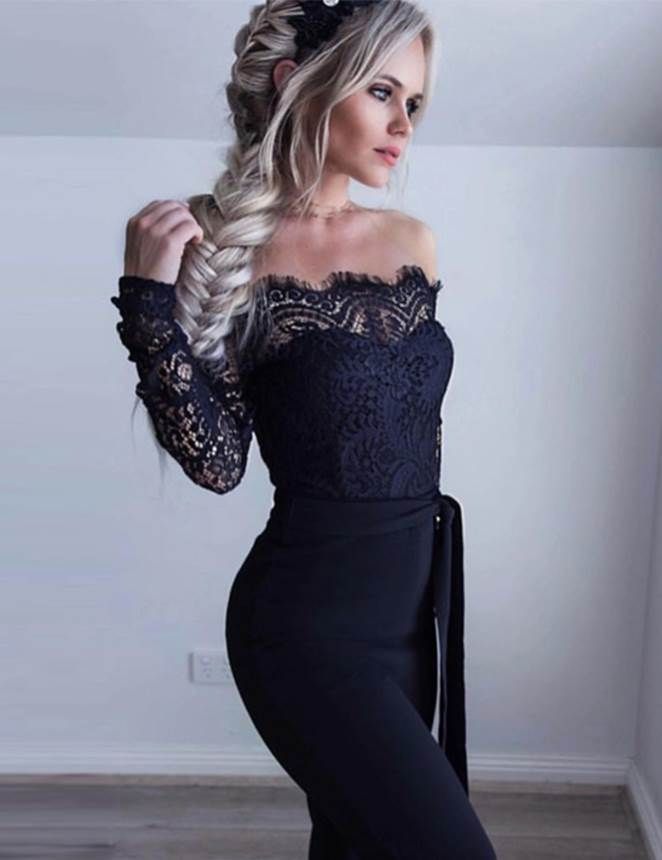 Damenbekleidung Party Tanz Overall Spitze One-Shoulder Langarm Stitching Tie Overall_voghion.com