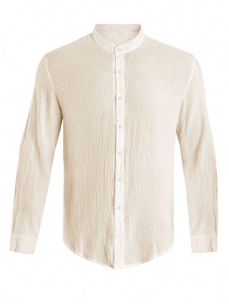 Camicia casual da uomo a maniche lunghe, leggera, matura, tinta unita, con colletto alto e bottoni._voghion.com