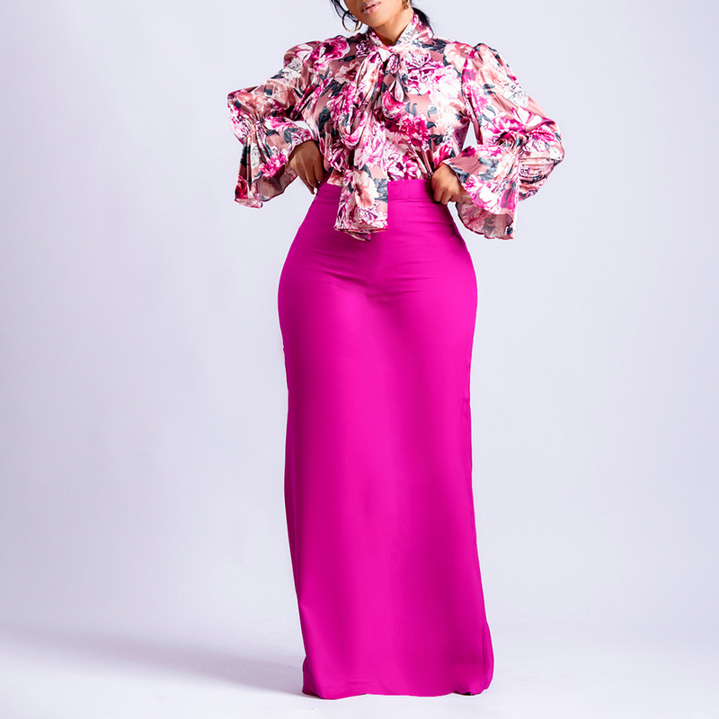 Dameskleding Mode Bedrukt Strappy Shirt met Lange Mouwen Rok Lange Rok Tweedelige Set_voghion.com