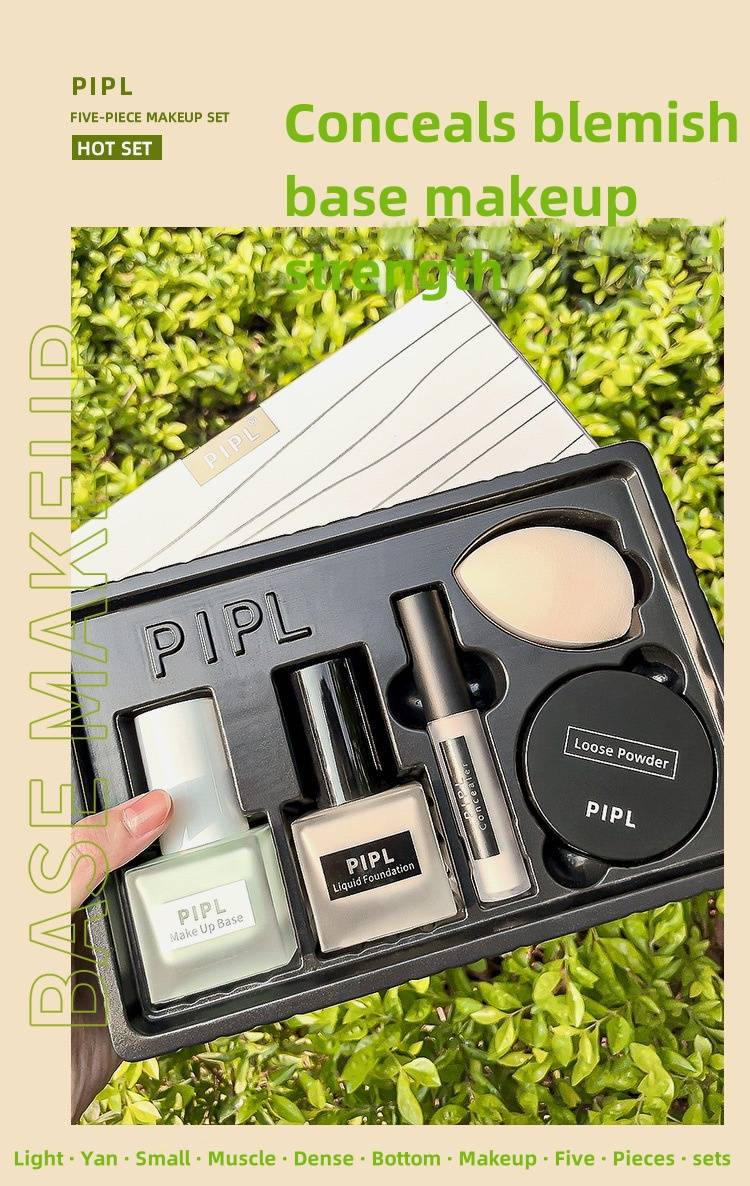 Basis-Make-up, fünfteiliges Flüssig-Foundation, Concealer, Isolationscreme, Make-up, Egg Powder, Make-up-Set, Make-up-Tablett_voghion.com