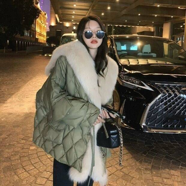 Damenbekleidung Fuchspelz Marine Kragen Daunen Baumwolljacke Pelz Baumwolljacke_voghion.com