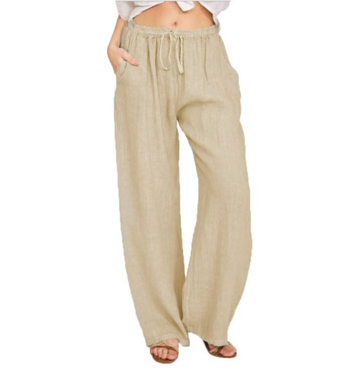 Women's Cotton Linen Pants Casual Loose Solid Elastic Waist Pocket Straight Trousers Ladies Oversize Wide Leg Pant Streetwear_voghion.com