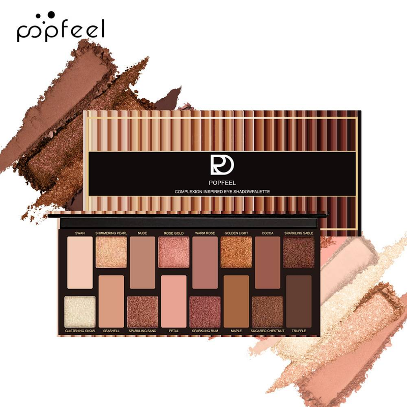 Nouvelle palette de fards à paupières POPFEEL 16 couleurs : un look naturel, léger et fumé, des tons terre bruns froids pour un maquillage profond et tridimensionnel._voghion.com