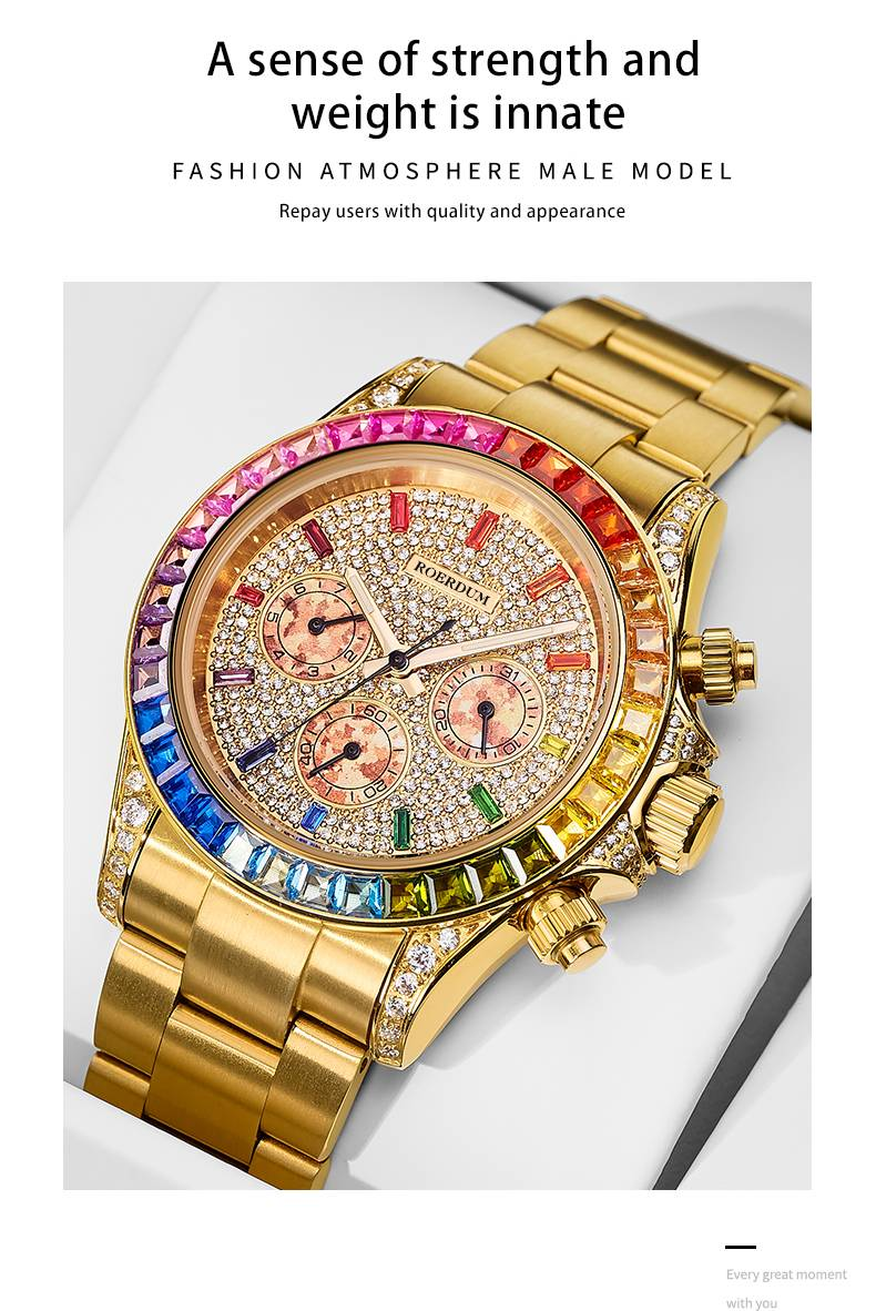 ROERDUM Daytona Rainbow Collection – Goldfarbenes Armband, mehrfarbiges Zifferblatt mit Farbverlauf, hochwertige automatische mechanische Herrenuhr_voghion.com