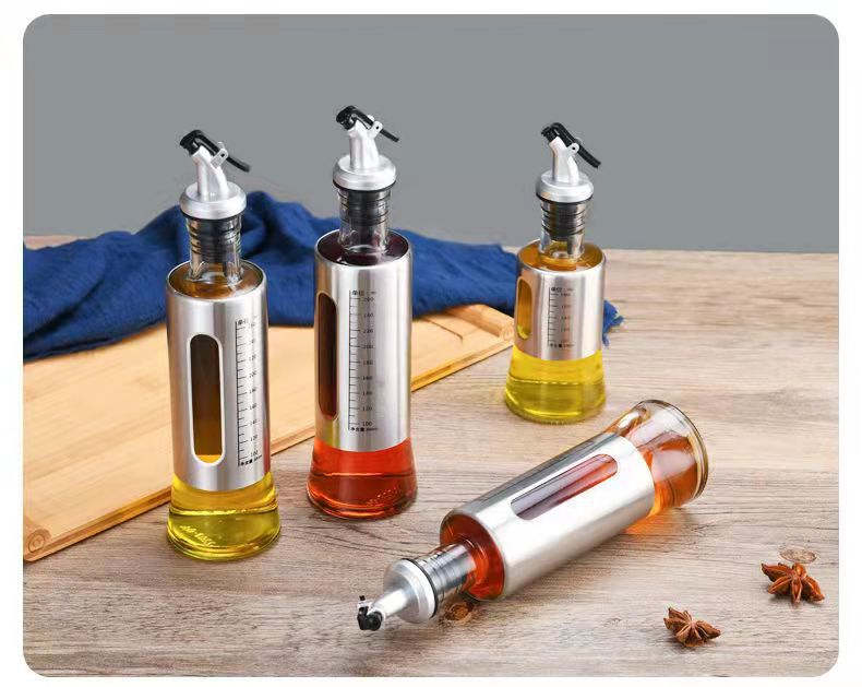 Dispenser per olio graduato in vetro - Bottiglia da cucina di grande capacità per olio e aceto (beccuccio in acciaio inossidabile antigoccia da 750 ml, design facile da versare, senza BPA)_voghion.com