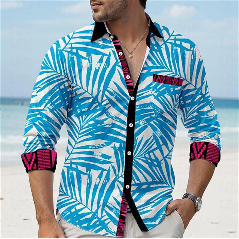 Camicia a maniche lunghe multicolore con risvolto casual da uomo, stampata e alla moda_voghion.com