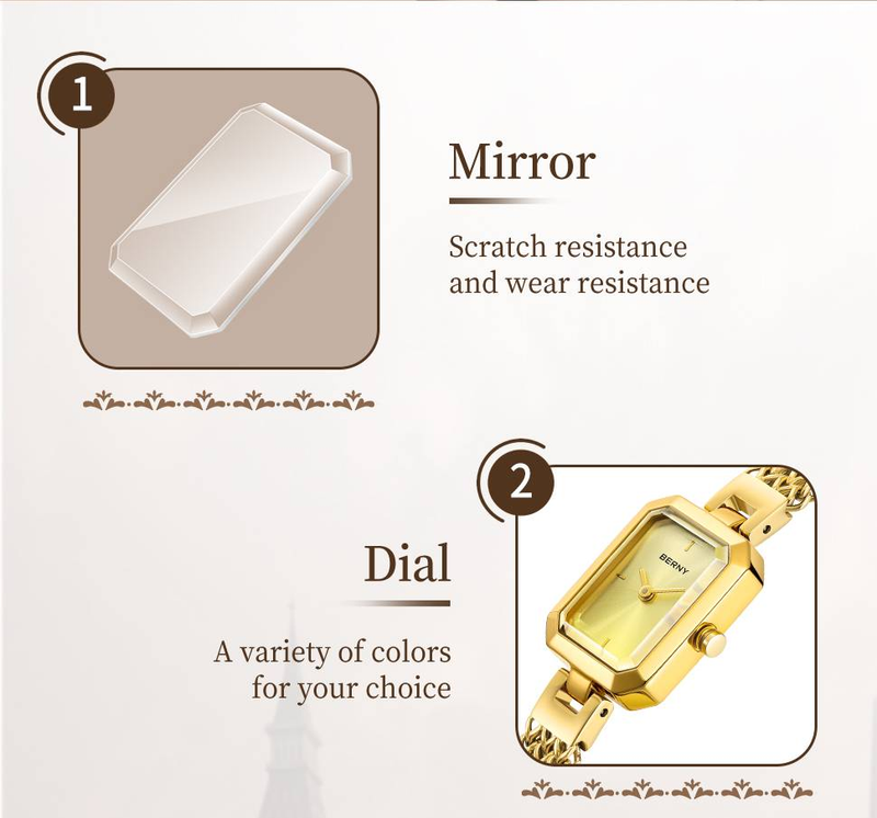 BERNY Small Gold Watches For Women Dainty Luxury Ladies Analog Quartz Bracelet Watch Rectangular Case Stainless Steel Waterproof Minimalist Wristwatch_voghion.com
