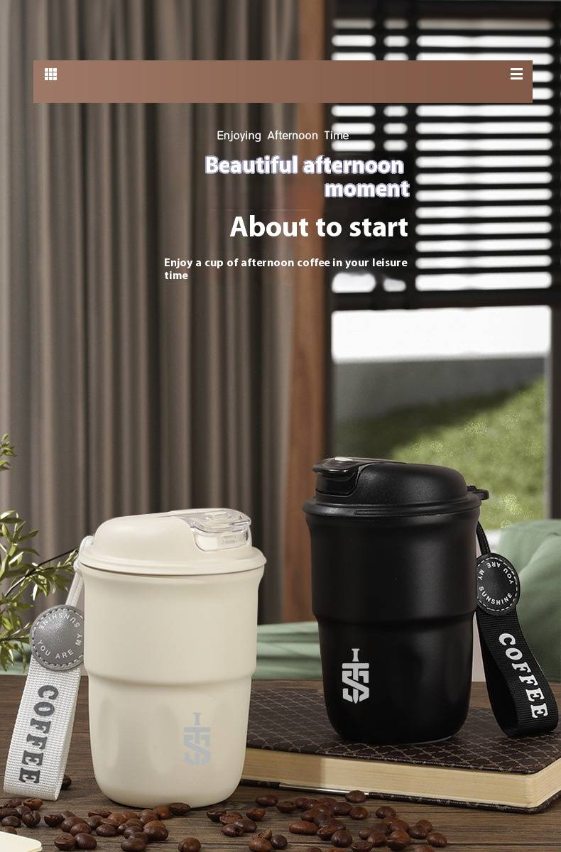 Copo de café moderno e minimalista – Caneca de viagem de aço inoxidável de 320 ml com pega confortável, tampa à prova de vazamentos para bebidas quentes e frias, escritório_voghion.com