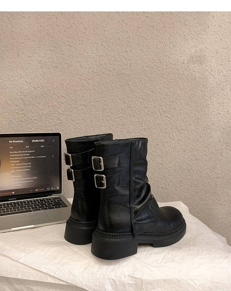 Women's Shoes Retro British Style Chunky Heel Leather Ankle Boots With Buckle Strap, Round Toe And Hidden Platform For Stylish Streetwear Look_voghion.com