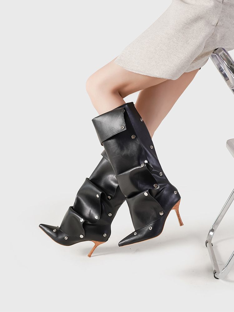 2024 Liu Nail Buckle Splicing Två Slitage av Tunna Höga Klackar, Cowboy Vikta Staplade Personlighet, Kryddig Tjejmode, Långa_voghion.com