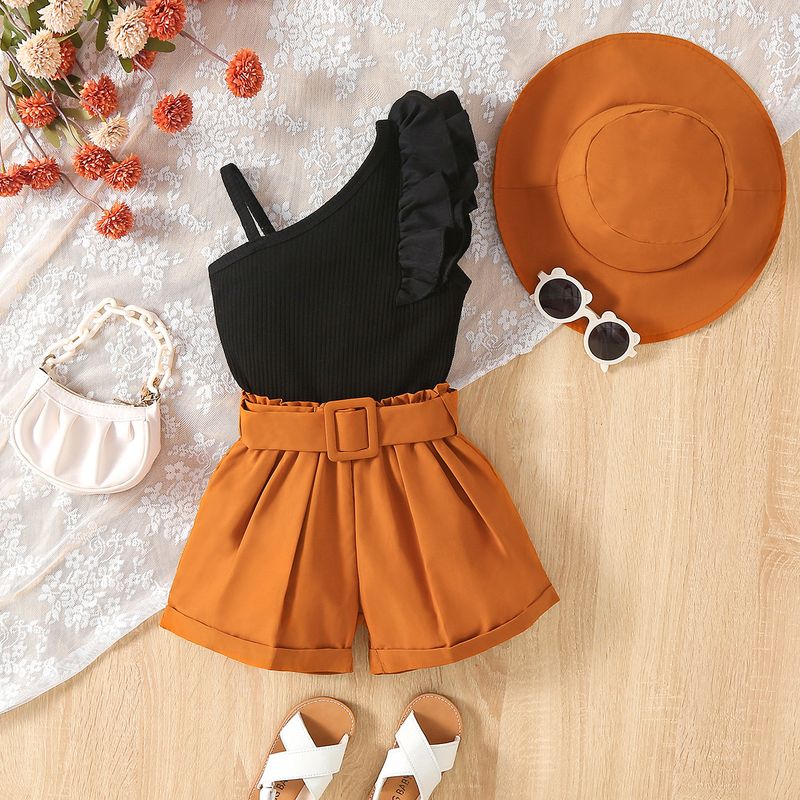 New Summer Girls' Set, Small Medium Children's Diagonal Shoulder Suspender with Flying Sleeves Top+Shorts and Hat Three_voghion.com