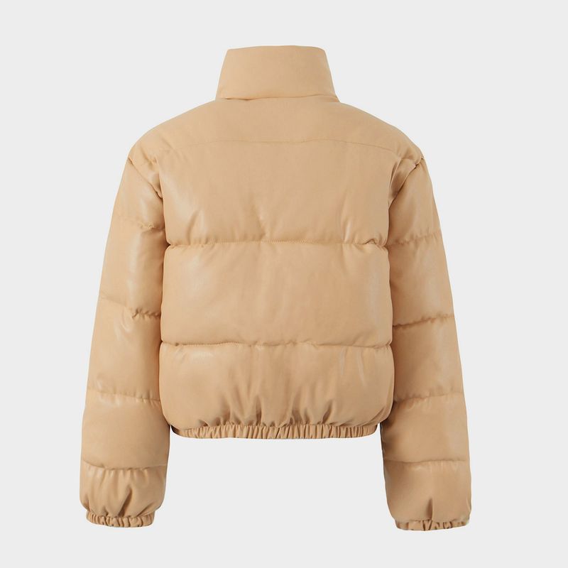 Women's PU Leather Puffer Jacket - Short Stand Collar Winter Coat, Quilted Bomber With Warm Thinsulate, Streetwear Outerwear_voghion.com