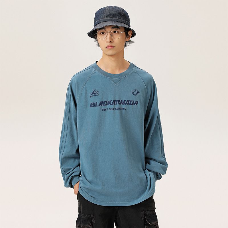 2025d Trendy Brand Letter Print Loose American Style Paar Base Layer Crew Neck Top Vielseitiges Carbon Brushed Langarm_voghion.com