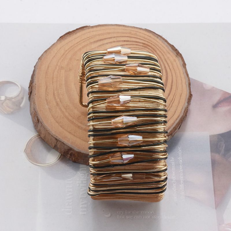 Handmade Wire Wrapped Exaggerated Jewelry For Women Hollow Out Inlaid Diamond Strip Metal Bohemian Style Bracelet_voghion.com
