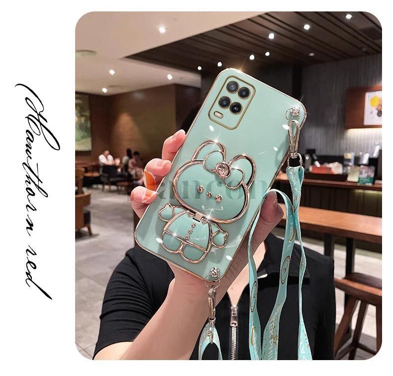 Crossbody Lanyard Plating Phone Rabbit Holder Case For OPPO A54 A55 A16 A16K A15 A17 A83 A74 A76 A72 A57 A53 A77 A92 A52_voghion.com