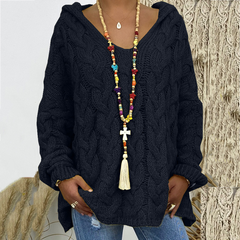 Women's Clothing solid color twist knitted hoodie_voghion.com