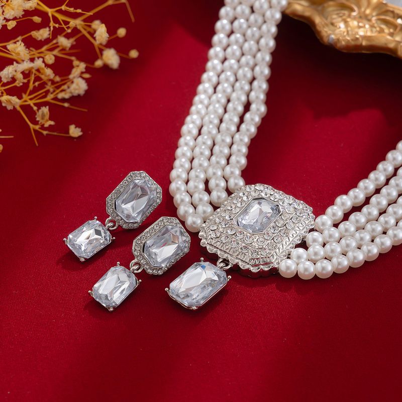 Retro square full diamond gem pearl choker necklace temperament French multi layer necklace_voghion.com