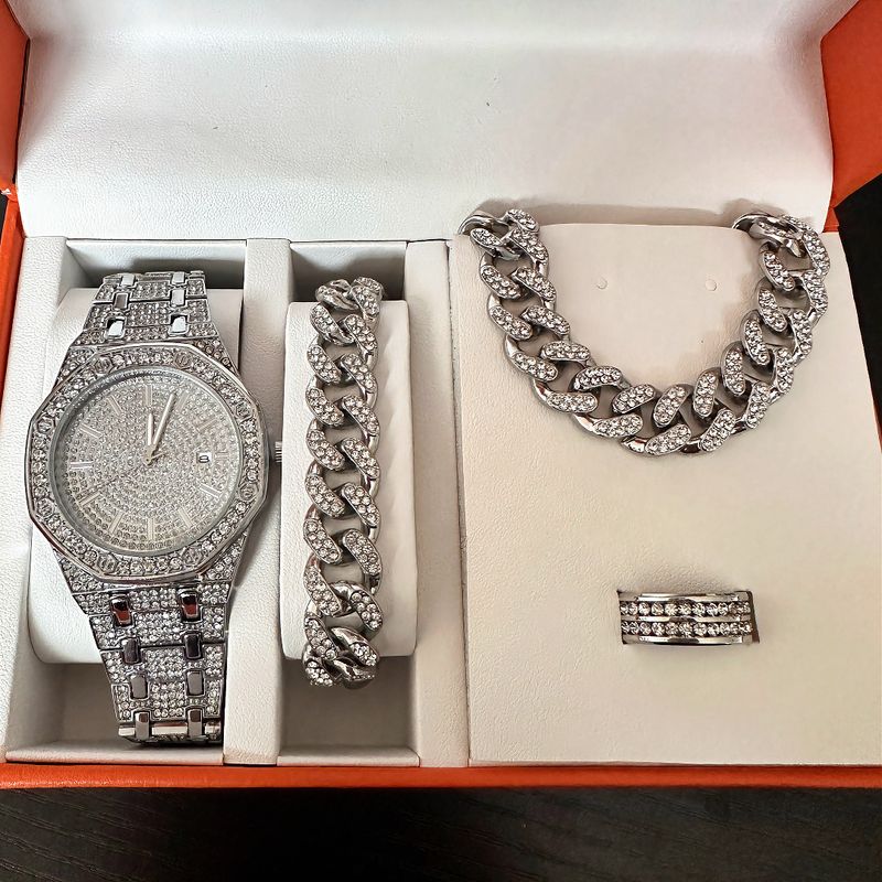 Luxuriöse Herrenuhr mit Diamanten, Legierungsarmband, Strass-Zifferblatt, Quarzwerk, wasserdicht, modisches Geschenk für die Freizeit_voghion.com