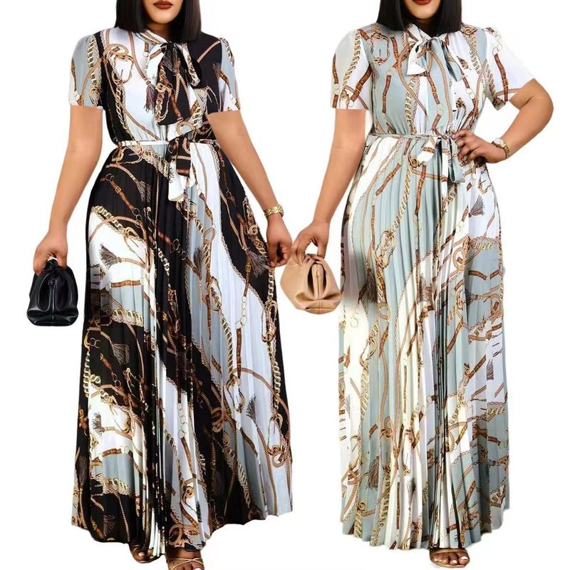 Women's short-sleeved printed pleated straps long skirt plus size _voghion.com