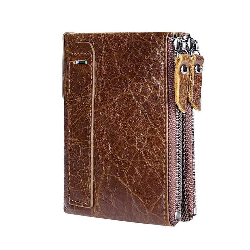 Monedero de piel de vacuno cepillada con doble cremallera y antirrobo RFID para hombre_voghion.com