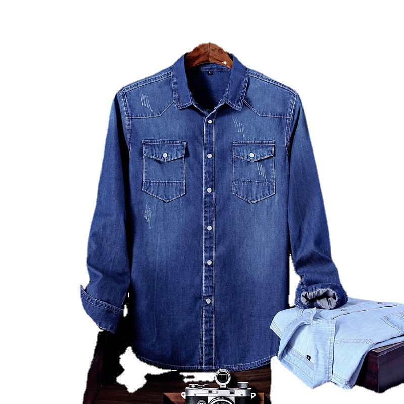 Yeni Kore slim fit kot gömlek, erkek uzun kollu genç Kore moda pamuklu gömlek, öğrenci ince ceket partisi_voghion.com
