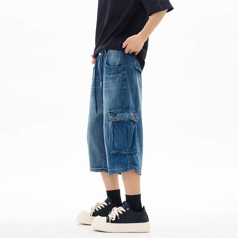 Summer New American Style Loose Fit Three-Dimensional Pocket Capri Pants Unisex Cargo Denim Shorts Versatile Slimming_voghion.com