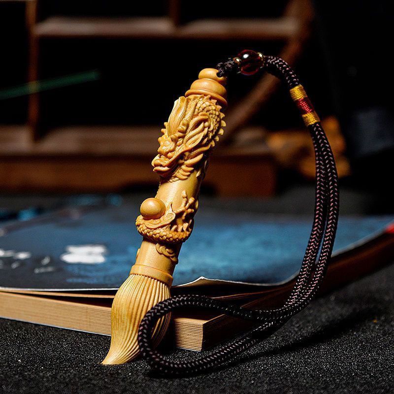 Small Leaf Boxwood Carving Coiled Dragon Gold List Name Calligraphy Brush Cultural Plaything Handheld Ornament Exam_voghion.com