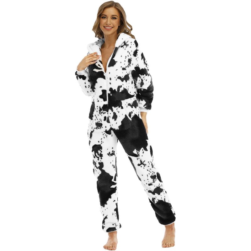 One piece drop shipping women's cow thickened double-sided velvet ear jumpsuit pajamas home clothes_voghion.com