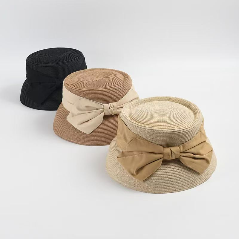 Vendita calda Uomo Donna Chic Uncinetto Secchio Fiocco Paglia Fedora Toyo Pork Pie Sole Estate Spiaggia Matrimonio Chiesa Cappello UPF50 Pieghevole_voghion.com