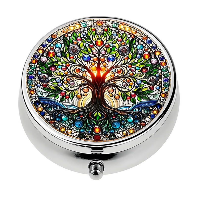 1pc "Money Tree" Mini Round Pill Box With 3 Compartments, Portable Metal Storage Organizer For Travel, Pockets & Purses - Unique Party Gift_voghion.com