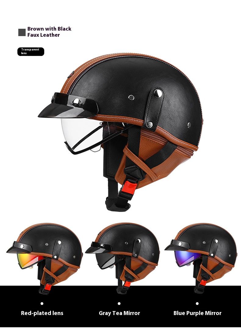 3C-zertifizierter Vintage-Motorrad-Halbhelm – Cruiser-ABS-Schale im Retro-Stil im japanischen Stil mit austauschbaren Gläsern (schwarz/braune Lederoptik)_voghion.com