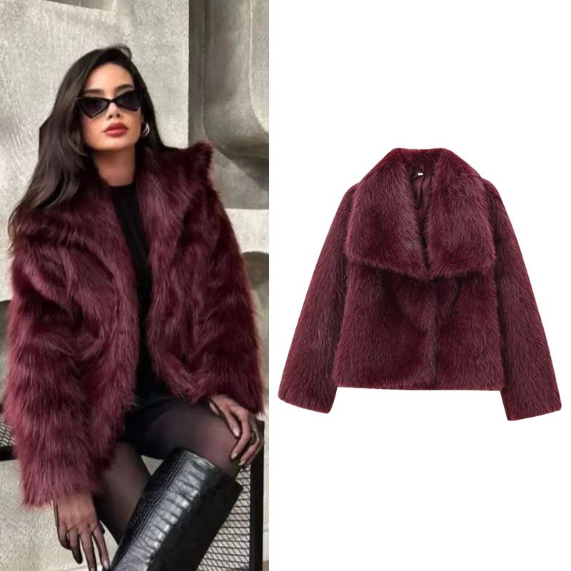 Ropa de mujer Abrigo de piel con solapa grande Abrigo corto de piel de zorro de moda Abrigo de felpa esponjosa Ropa de mujer_voghion.com