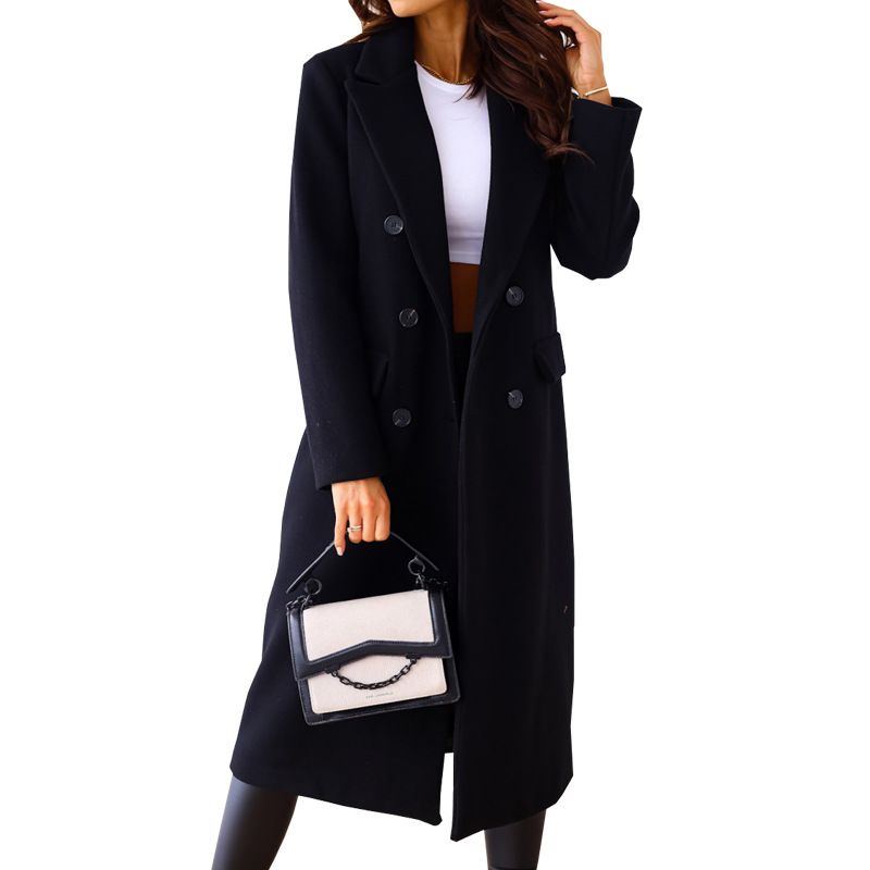 Classic Double-Breasted Wool Blend Coat For Women – Elegant Notch Lapel, Long Sleeve, Versatile Office & Casual Wear_voghion.com
