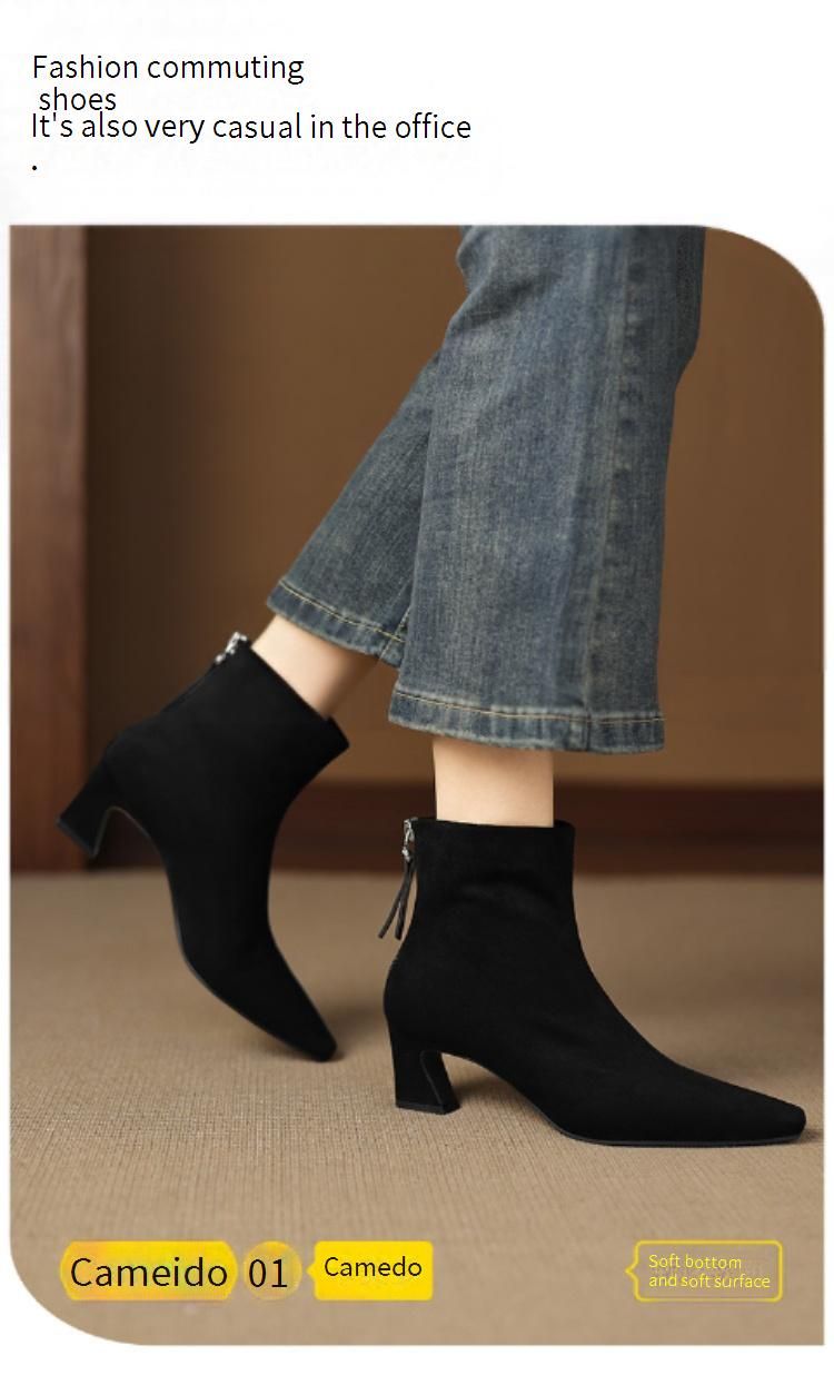 Cameido Women's French Style Suede Mid Heel Chunky Heel Slim Ankle Boots For Autumn And Winter_voghion.com