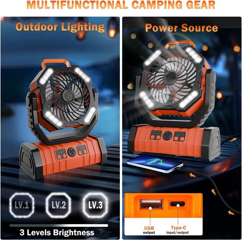20000mAh Outdoor Camping Fan Light Portable Usb Charging Large Capacity Remote Control Shaking Head Lighting Camping Tent Fan_voghion.com