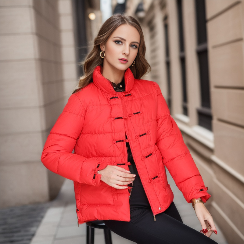 Women's ethnic style short cotton-padded jacket standing collar fashion women's Warm jacket padded jacket loose tray button cotton-padded jacket_voghion.com