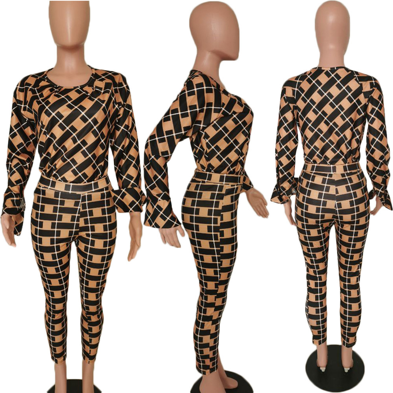 Explosieve losse blouse met lange mouwen en geruite broek, tweedelige set_voghion.com