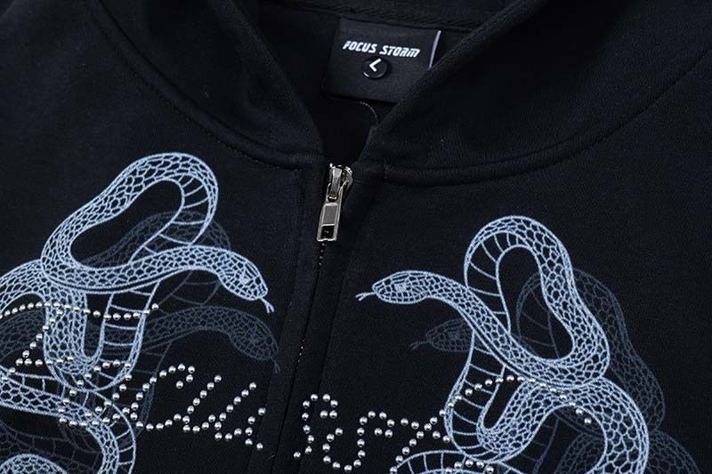 Retro-Kapuzenjacke mit Doppelschlangen-Print – Übergroßer Streetwear-Unisex-Reißverschluss mit Strass-Details | Vintage-inspiriertes Statement-Piece_voghion.com