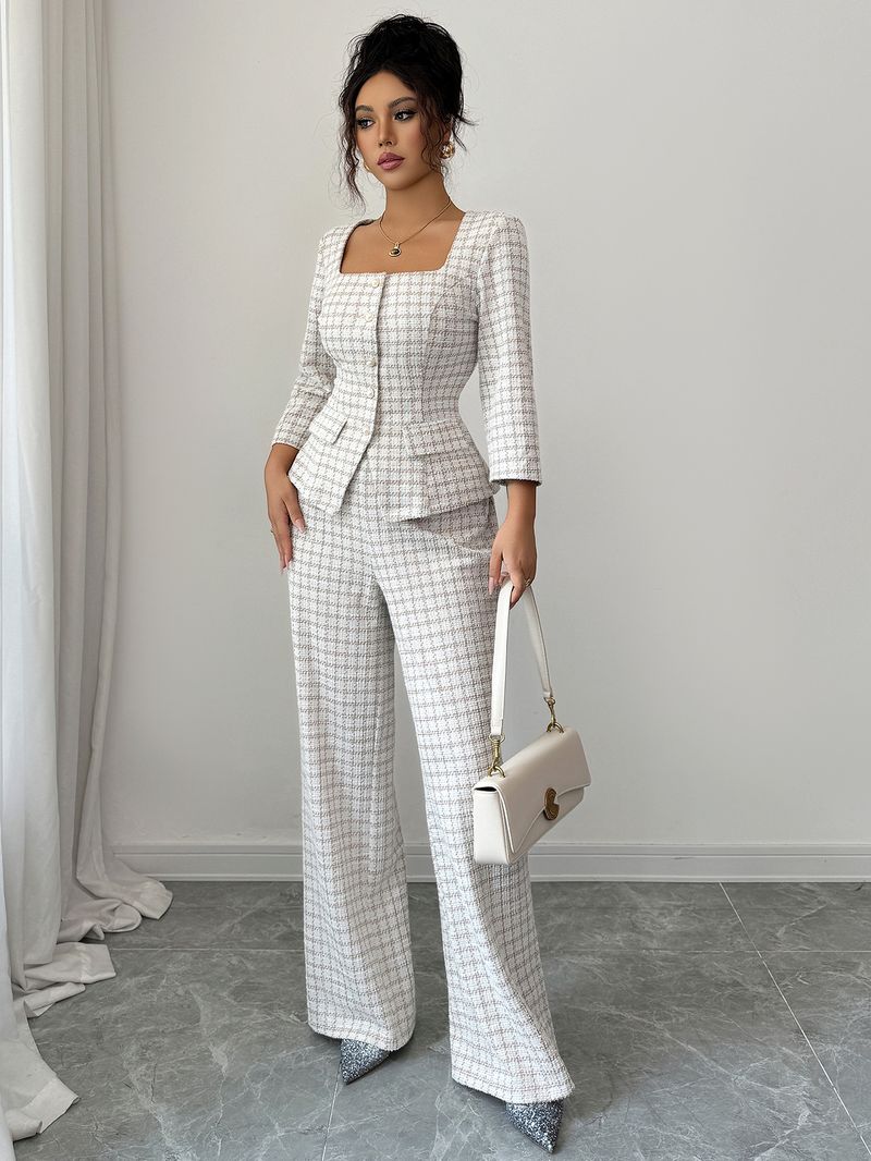 Elegant Houndstooth Blouse & Trousers Set – Stretch Polyester-Spandex Office-to-Cocktail Outfit (S-XL, Beige)_voghion.com