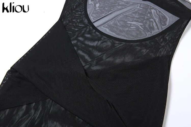 Kliou Vestido Maxi de Malha Elegante Transparente Feminino Hipster Manga Completa Sem Costas Modelando o Corpo Robe Deslumbrante Vestido Feminino para Noite_voghion.com