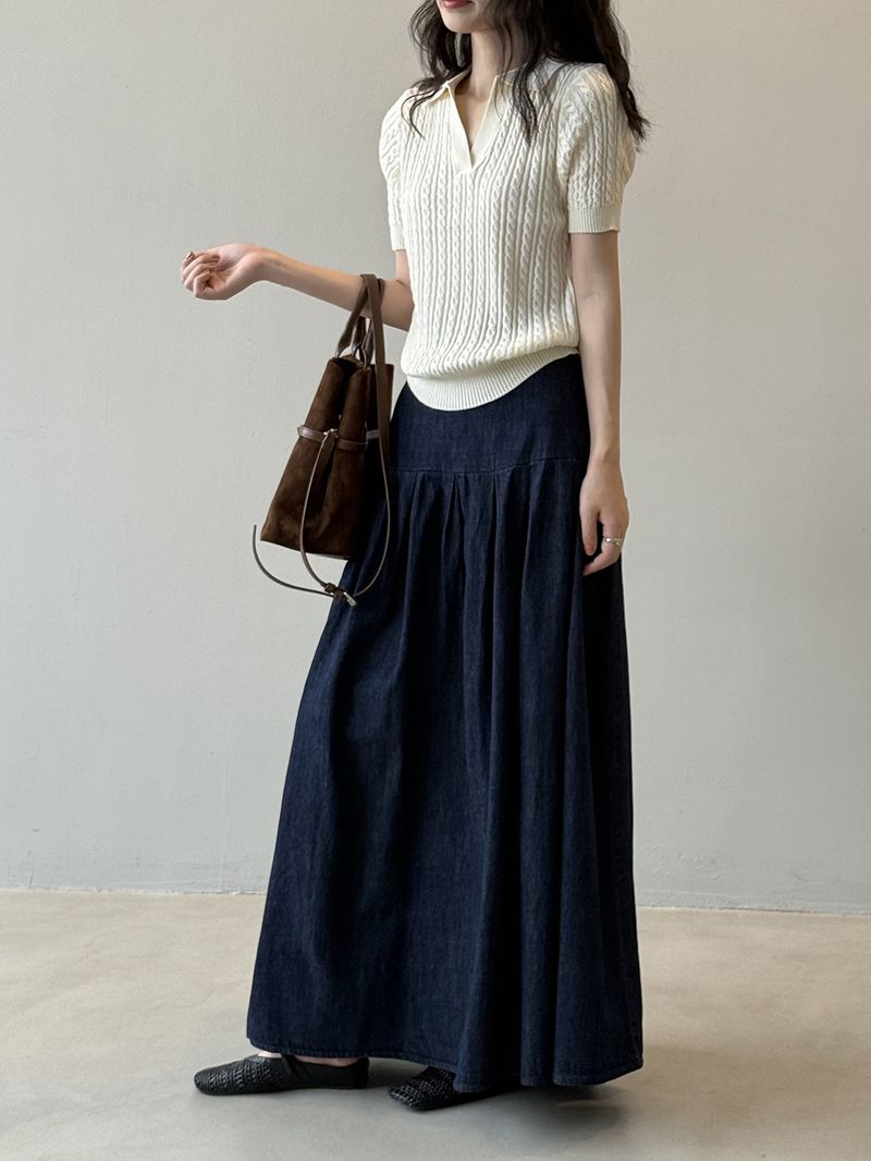 Yanshuang Zopfmuster-Poloshirt mit Ärmeln, T-Shirt für Damen, Herbst, normale Schulter, V-Ausschnitt, schmale Passform, kurzes Oberteil P518_voghion.com