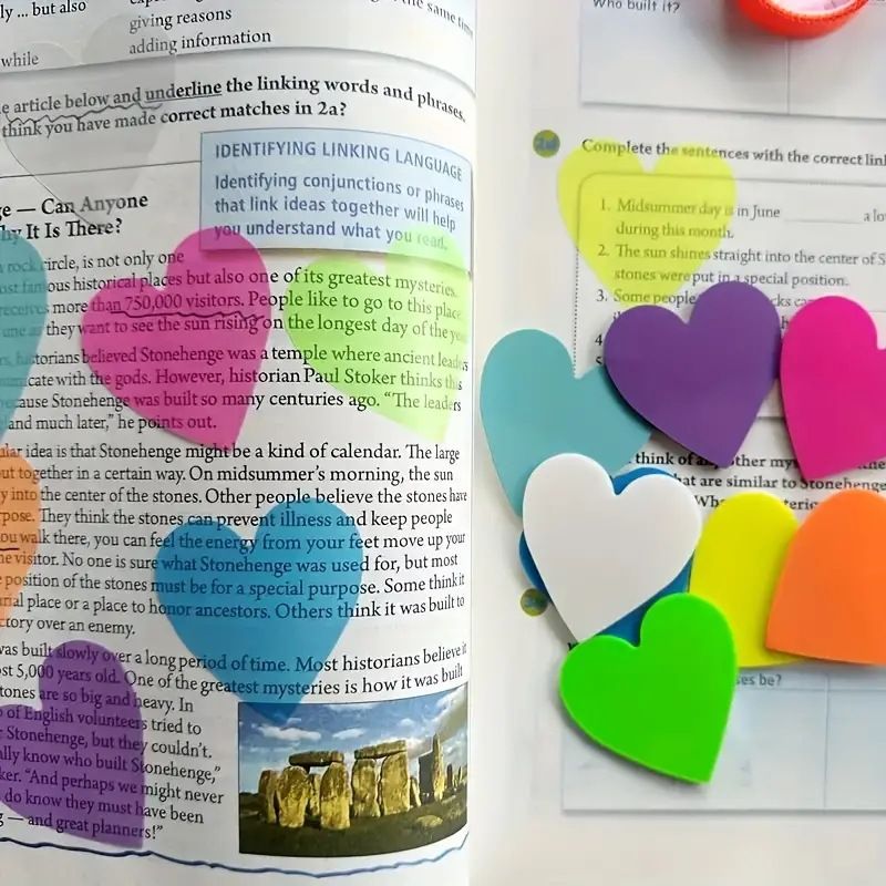 8-Color Heart-Shaped Sticky Notes - Waterproof & Transparent Index Tabs For Books, Office, Study, Creative Markers (Fluorescent & Pastel Colors)_voghion.com