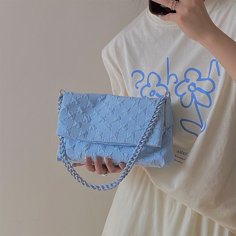 2025 Korean version autumn and winter niche texture blue chain flip canvas versatile underarm poor bag for women_voghion.com