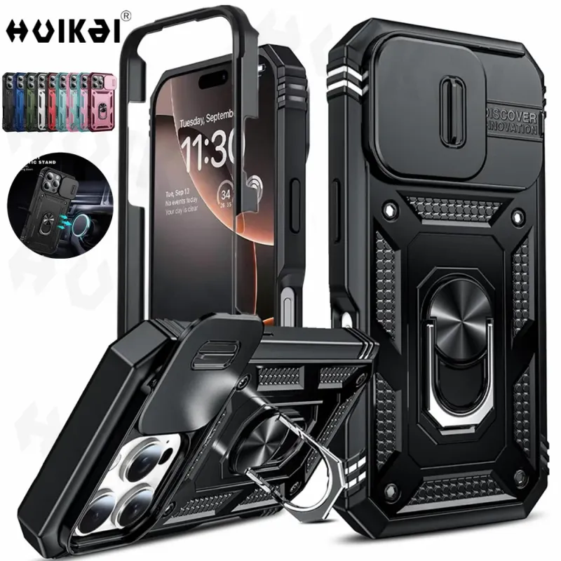 Case For 16 Iphone 15 Max 14 Pro 13 12 11 Slide Camera Heavy Duty Build In 360 Degree Rotate Kickstand Cover_voghion.com