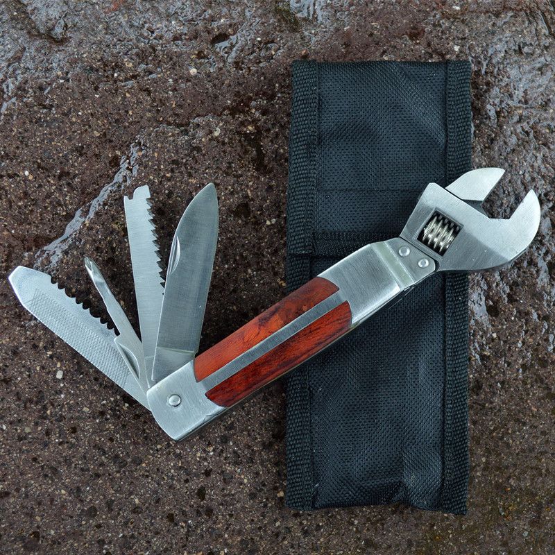 Multifunctional Colorful Wooden Handle Saw Knife With Fabric Case Travel Survival Adjustable Wrench Car Tool Kit_voghion.com