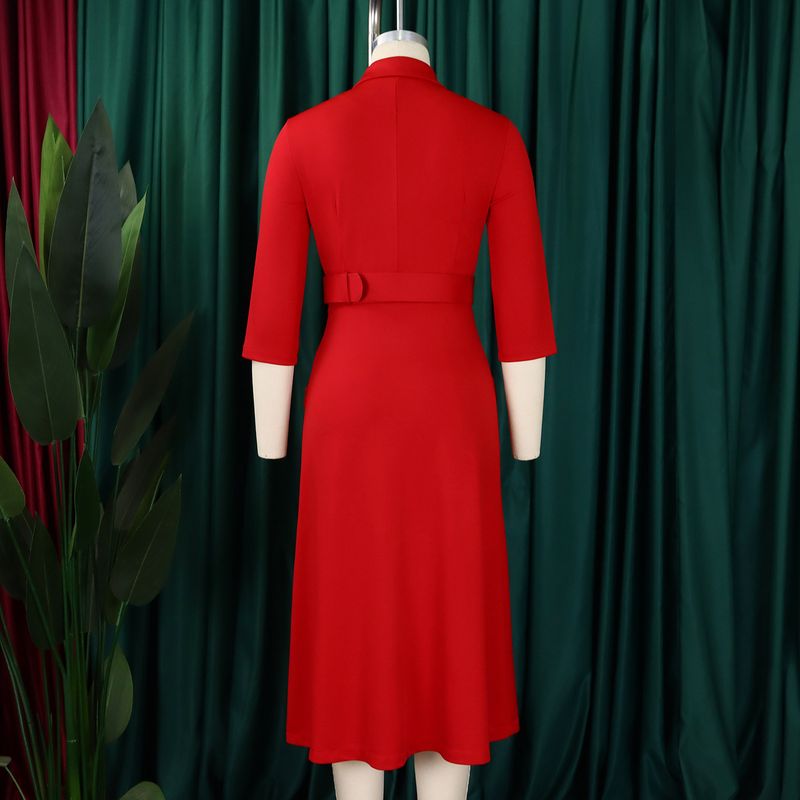 Damenbekleidung Damenmode Temperament Zweireihiger Anzugkragen Einfarbiges Kleid Mittellanges Kleid_voghion.com