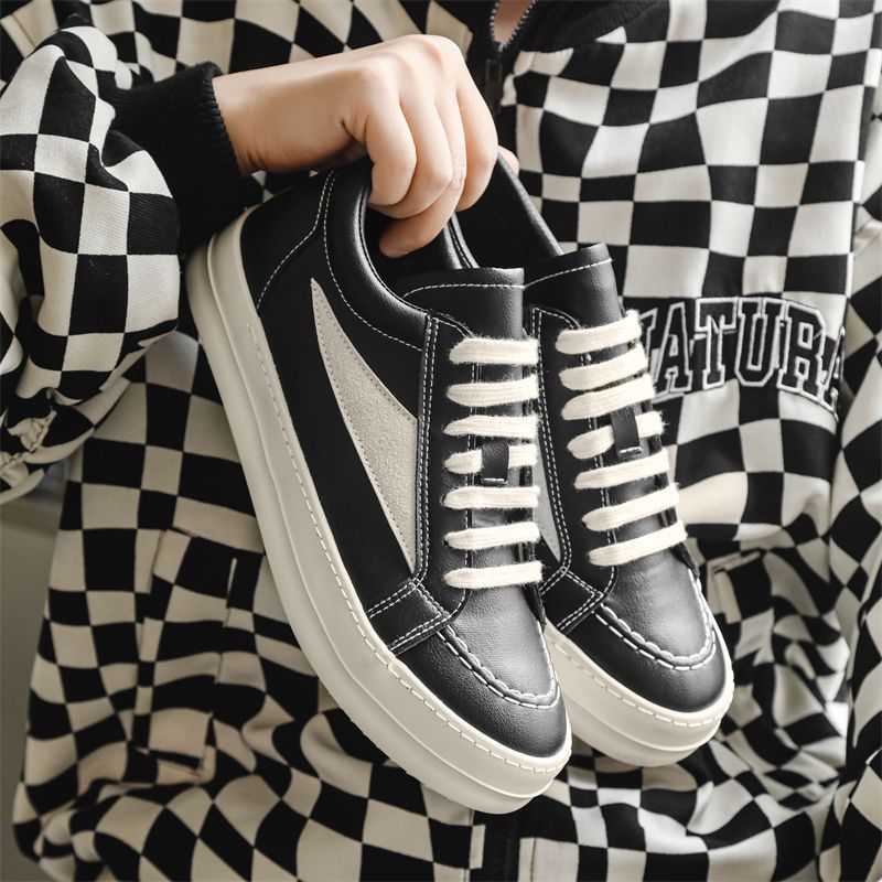 Trendy Black British Chunky Thick Sole Height Increasing High Street Men's Casual College Style Sneakers Shell Bread_voghion.com