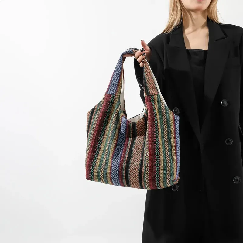 Casual Canvas Striped Printed Cross Shaped Bag Large Capacity Shopping Bohemian Ten Font Wallet Womens Handbag 240829_voghion.com