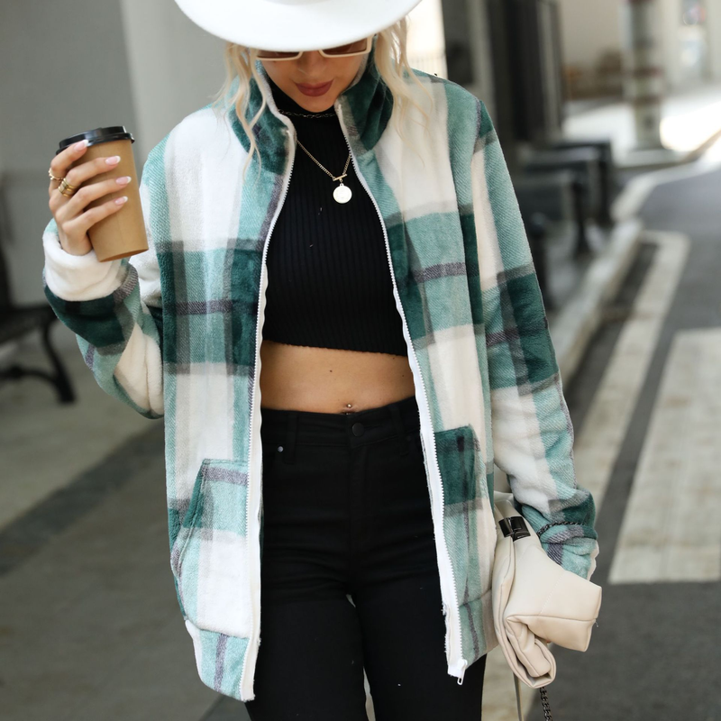 Women's Mid-Length Long Sleeve Standing Collar Plaid Zip Loose Golden Mink Plush Jacket_voghion.com