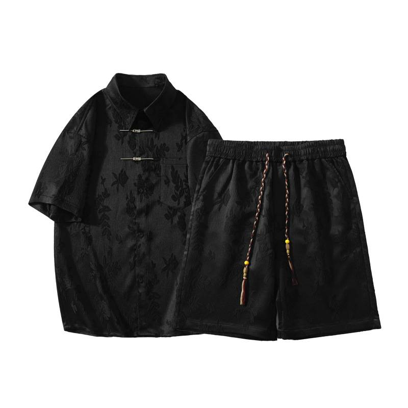 Traje de dos piezas de cinco puntos con cordón trenzado para hombre Traje holgado informal para hombre_voghion.com